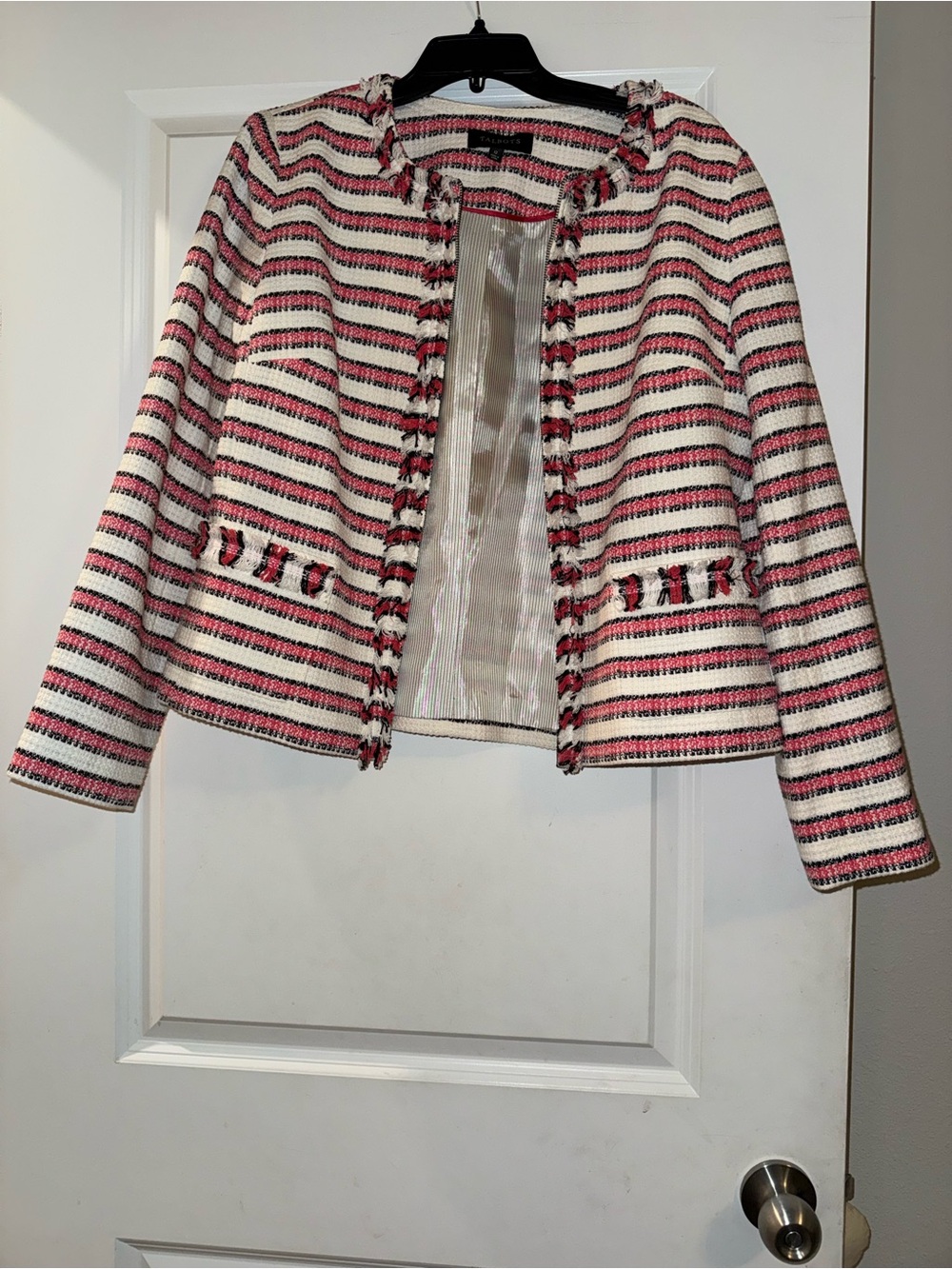 Talbots Pink, White & Black Striped Tweed Open-Front Jacket